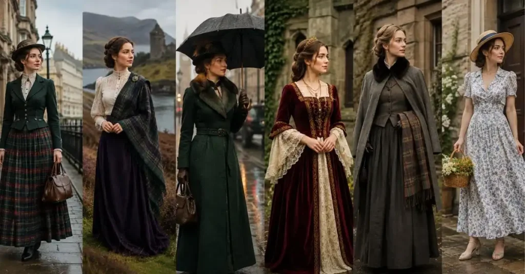Collage of traditional British-inspired dresses highlighting fabric choices, tailored fits, seasonal layers, and culturally influenced styles in a historic setting.