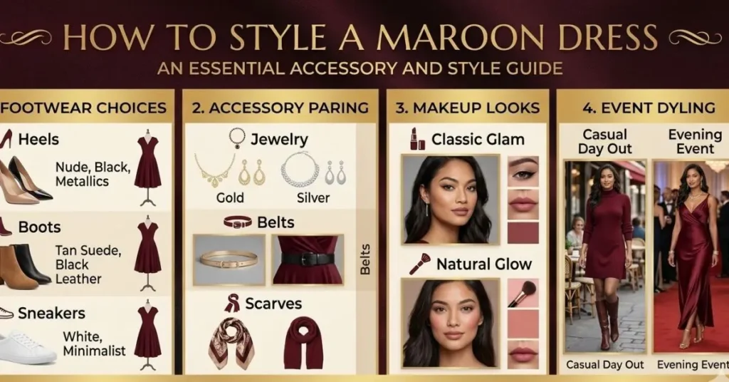 Stylish woman wearing a maroon dress paired with elegant accessories, shoes, and a matching handbag for a complete look.