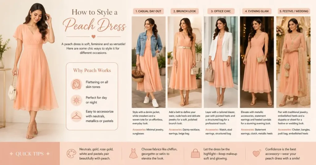 Stylish infographic showing how to style a peach dress for different occasions, including casual, office, brunch, evening, and wedding looks with outfit ideas and accessories.