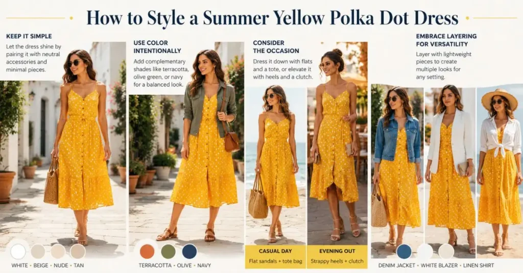 Collection of lightweight summer fabrics, including cotton, linen, and rayon, used in a stylish yellow polka dot dress for breathable warm-weather comfort.