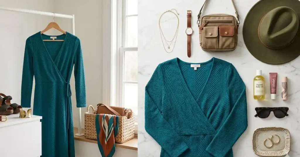 Fashion guide showing how to style a teal dress with matching jewelry, shoes, handbags, makeup, and hairstyles for elegant and modern outfit inspiration.