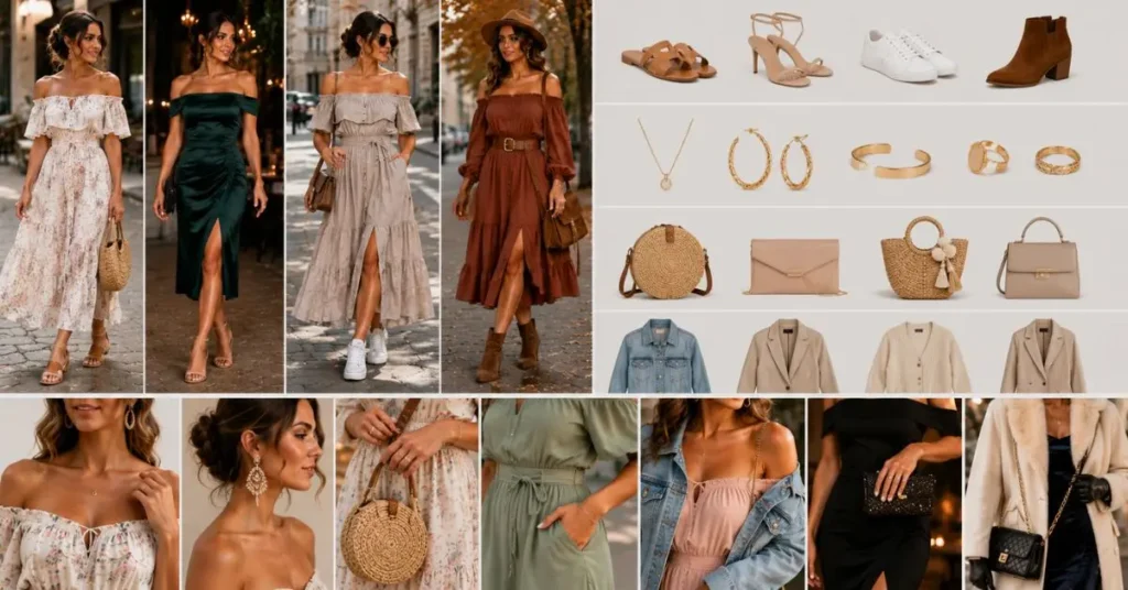 Woman wearing a stylish off shoulder dress paired with elegant accessories, fashionable footwear, and a coordinated handbag, demonstrating how to style an off shoulder dress for a chic and modern look.