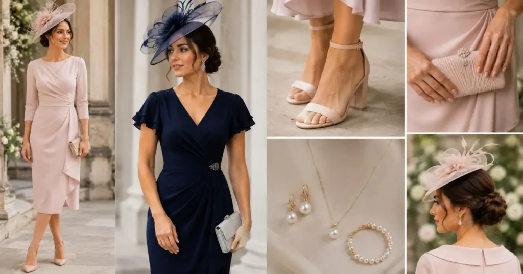 “Stylish woman wearing an elegant British wedding guest dress, accessorized with a matching clutch, sophisticated heels, delicate jewelry, and a fascinator hat, demonstrating refined styling for a formal wedding celebration in the United Kingdom.”