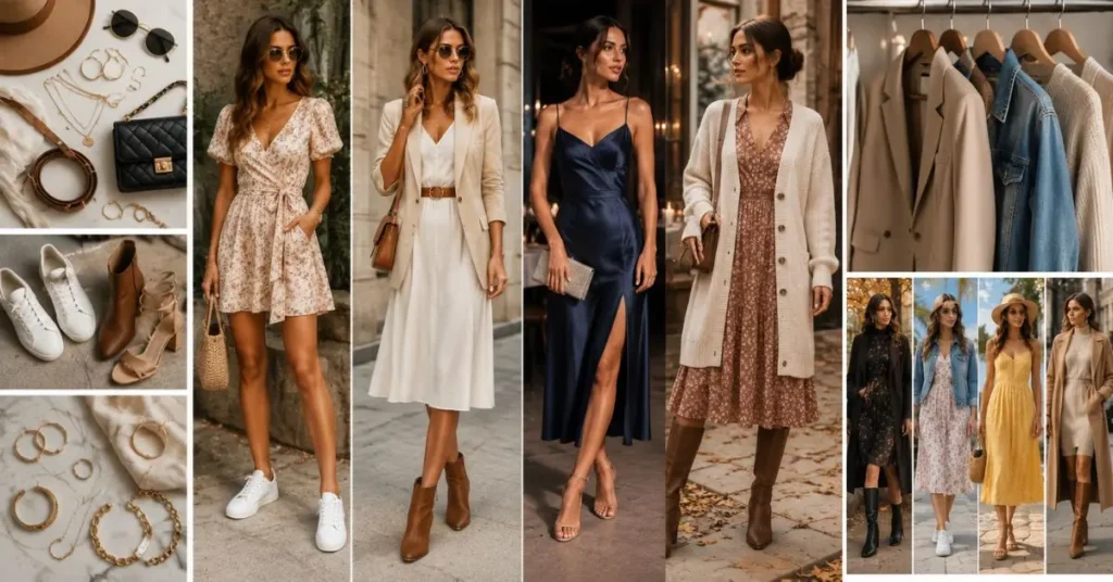 Woman styling modern American fashion dresses with trendy accessories, heels, handbags, and layered outfits for a chic look.