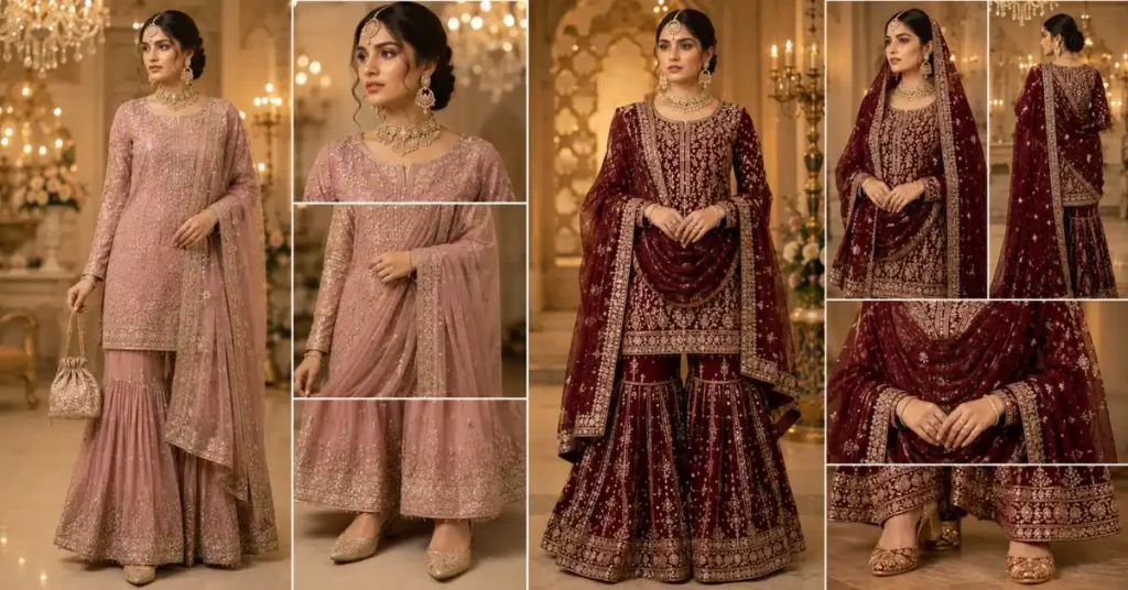 Sharara vs gharara styling guide featuring elegant accessories, embroidered dupattas, statement jewelry, and traditional footwear.