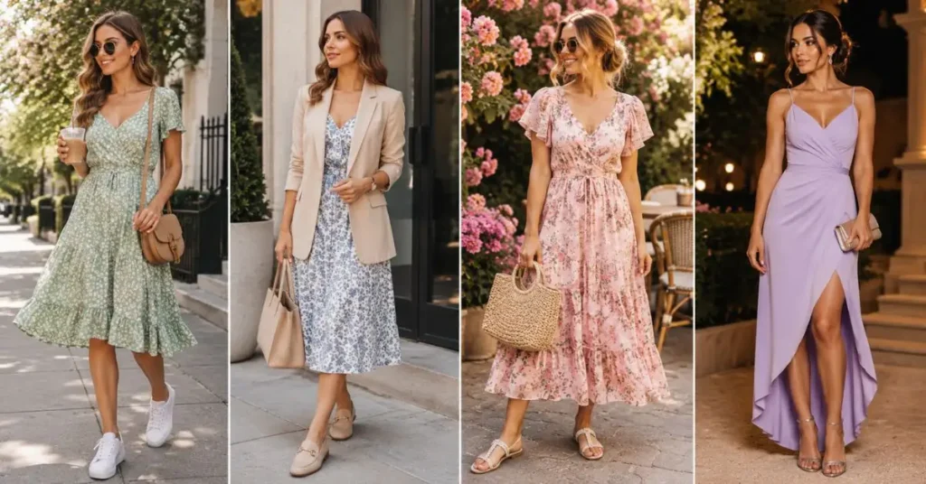 A stylish woman demonstrating how to style a spring dress with light layers, accessories, and seasonal footwear, creating a fresh and elegant spring fashion look.