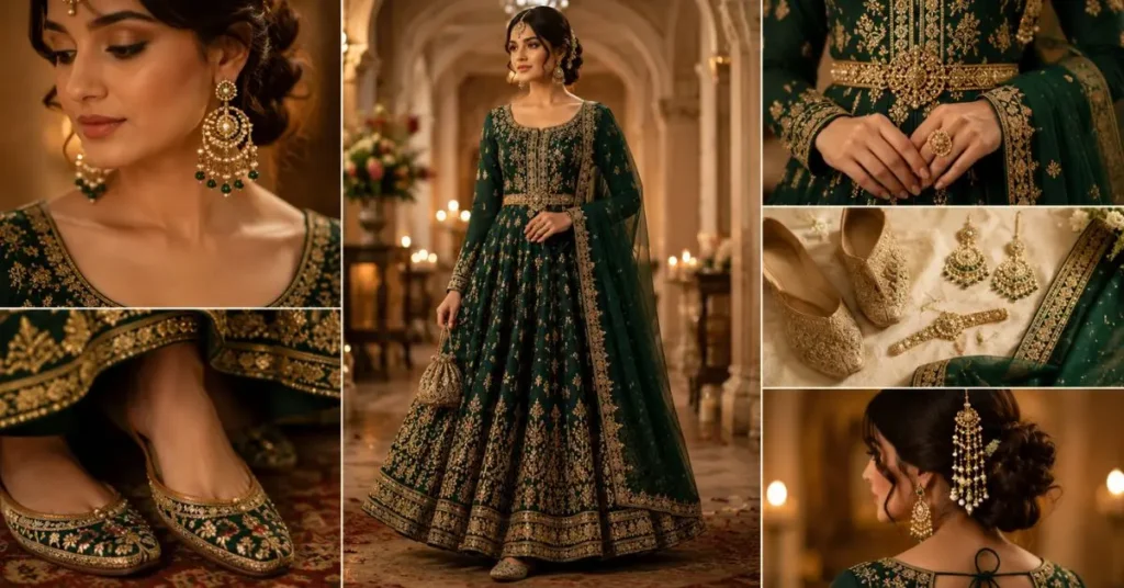 How to Style Your Anarkali Dress: Woman wearing an elegant embroidered Anarkali dress styled with statement jhumkas, a matching dupatta, embroidered juttis, a waist belt, and a classic bun hairstyle with traditional hair accessories for a graceful festive look.