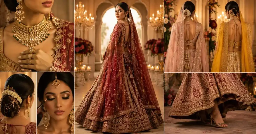 How to Style Your Bridal Lehenga featuring a South Asian bride in a luxurious embroidered bridal lehenga with elegant Kundan jewelry, stylish dupatta draping, glamorous bridal makeup, sophisticated hairstyle, and detailed wedding fashion accessories.