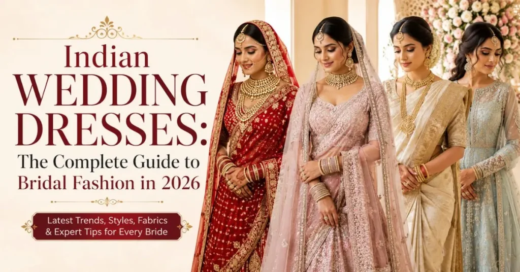 Elegant Indian wedding dresses featuring traditional lehengas and bridal attire with intricate embroidery, luxurious fabrics, and modern bridal fashion trends for 2026.
