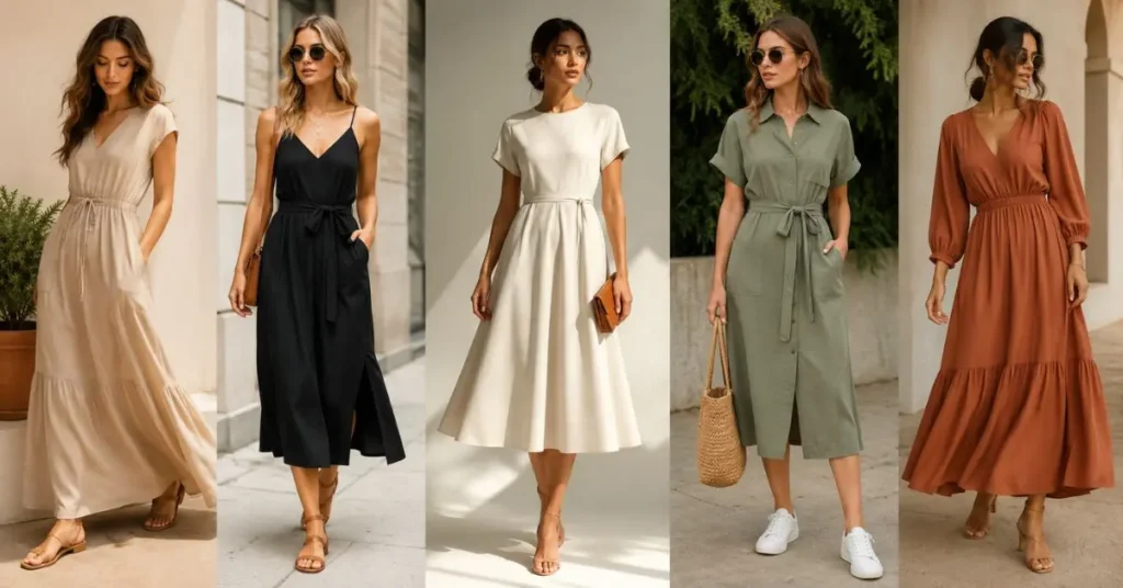 Modern American fashion dresses featuring contemporary designs, premium fabrics, flattering silhouettes, and versatile everyday elegance