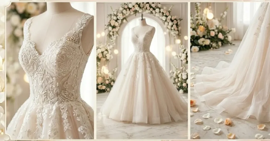 Princess wedding dress featuring a fitted bodice, full ball gown skirt, intricate lace details, luxurious fabric, and a timeless royal-inspired bridal design.