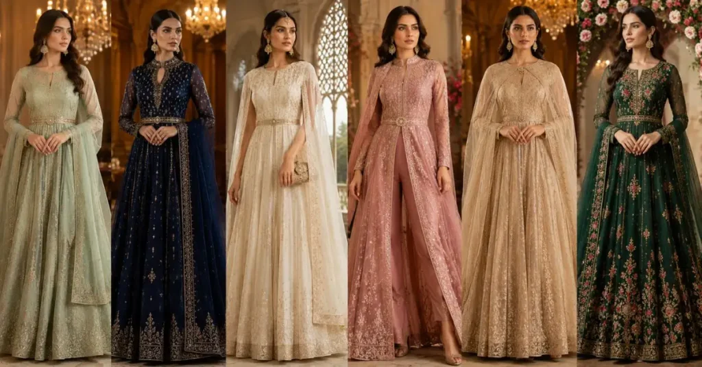 Latest Anarkali Dress trends in 2026 featuring cape-style designs, statement belts, flowing gowns, slit-cut silhouettes, tone-on-tone embroidery, and elegant bridal and festive wear