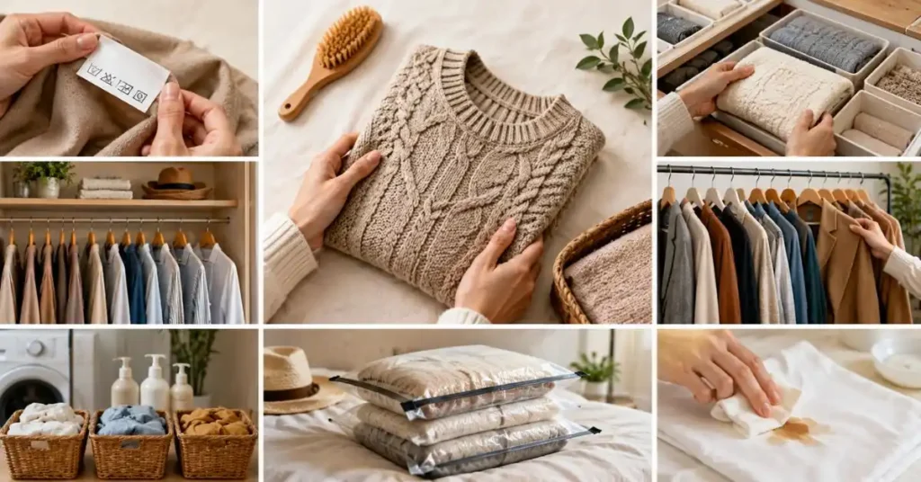 A clean wardrobe care and maintenance concept showing organized clothing storage, washing and stain treatment, garment folding, and proper fabric care practices for long-lasting clothing.