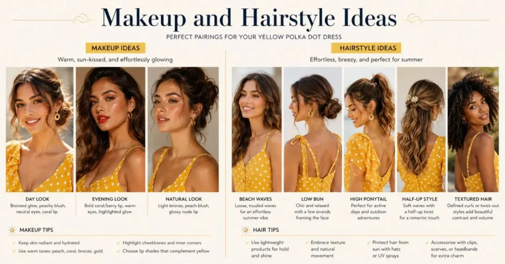 Woman wearing a summer yellow polka dot dress with natural makeup, soft waves, and a casual updo, creating a fresh and elegant warm-weather look.