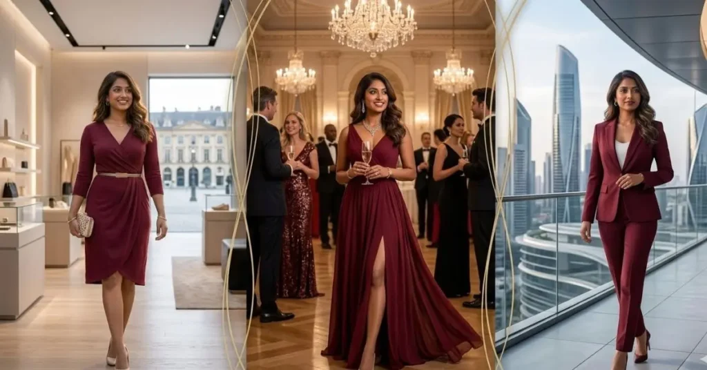 Elegant woman wearing a stylish maroon dress, showcasing modern fashion trends and timeless elegance for every occasion in 2026.