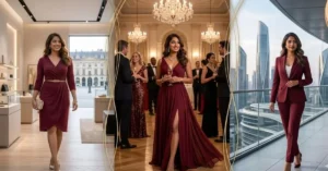 Elegant woman wearing a stylish maroon dress, showcasing modern fashion trends and timeless elegance for every occasion in 2026.