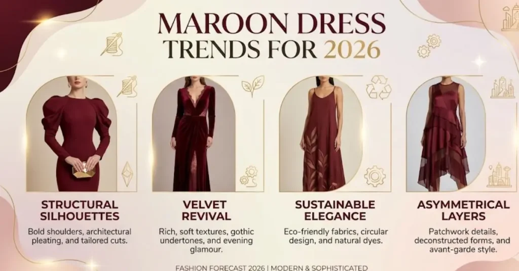 Maroon dress trends for 2026 featuring modern cuts, elegant designs, and fashionable details for a chic look.