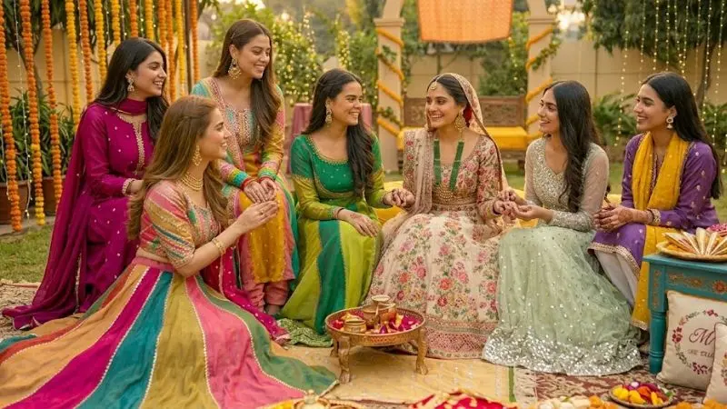 Elegant bridal Mehndi Dresses featuring luxurious lehenga, sharara, and gharara outfits with intricate embroidery, floral detailing, and vibrant festive colors designed for modern brides celebrating Mehndi ceremonies.