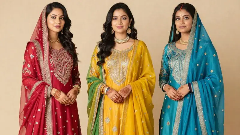 Elegant Mehndi Dresses for wedding guests featuring stylish yet subtle outfits such as lehengas, sharara sets, palazzo ensembles, and fusion wear in vibrant and pastel shades designed for festive celebrations.