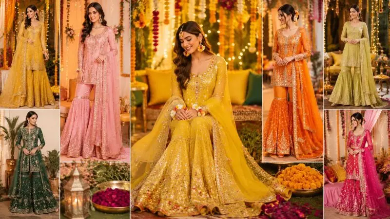Elegant Mehndi dresses and wedding fashion trends for 2026 featuring traditional embroidery, lehengas, and vibrant festive colors.