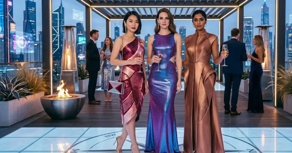 Trendy New Year party fashion styles for 2026 featuring elegant outfits in satin, velvet, silk, and sequins with modern silhouettes, metallic accents, and festive evening wear designs for celebrations.
