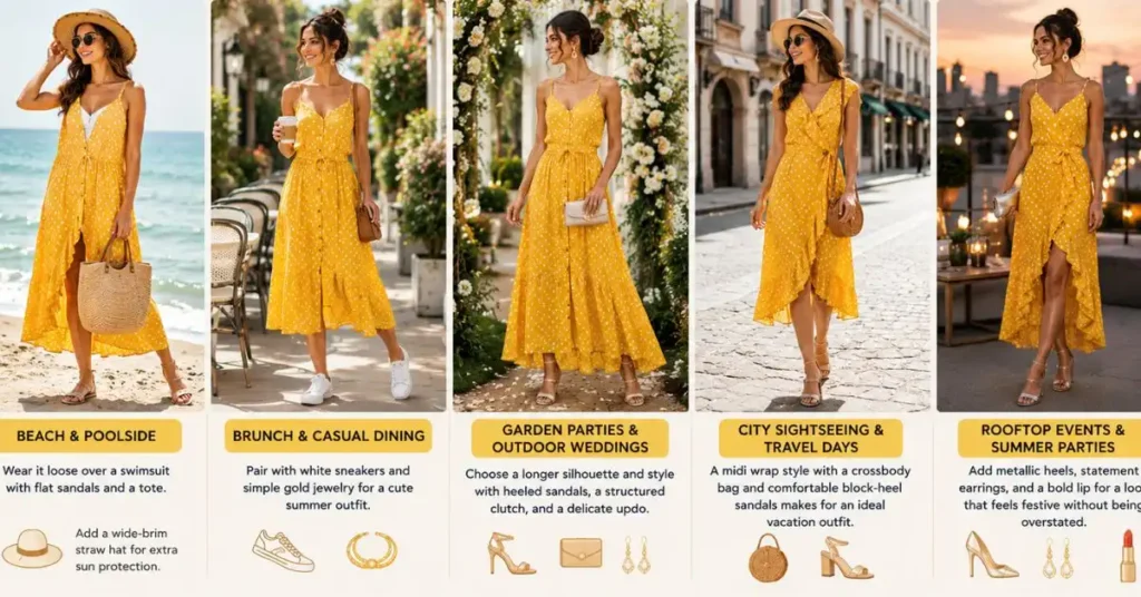 Woman wearing a summer yellow polka dot dress at a beach vacation, garden party, brunch, and outdoor picnic, showcasing versatile styling for different occasions.