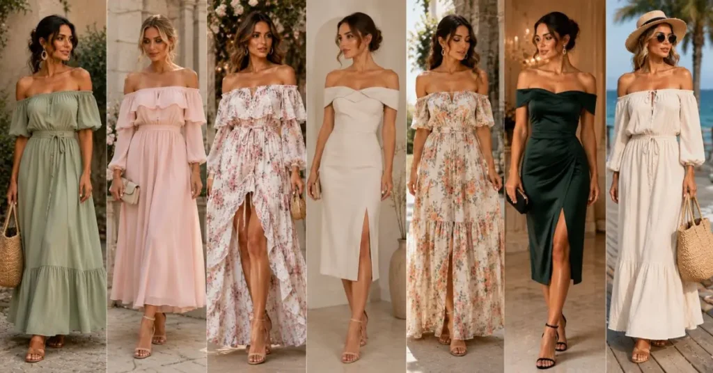 Modern off shoulder dress trends in 2026 featuring elegant silhouettes, puff sleeves, floral prints, sustainable fabrics, bold colors, and contemporary fashion styling.