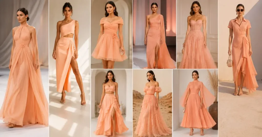 2026 peach dress fashion trends featuring modern silhouettes, pastel elegance, and stylish outfits for casual, party, and formal wear.