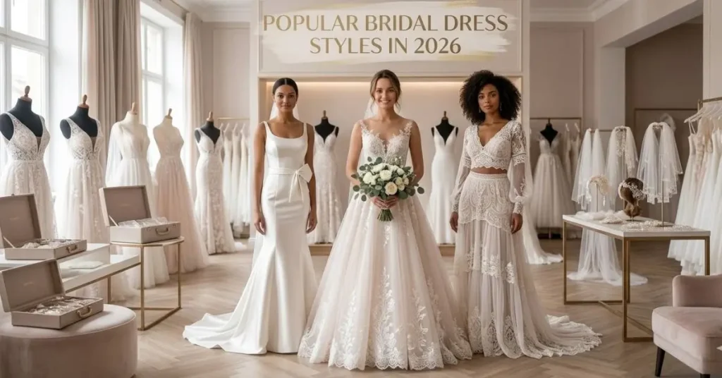 Modern bridal dresses in 2026 featuring diverse styles such as traditional lehenga, ball gown, and minimalist wedding gowns with elegant detailing.