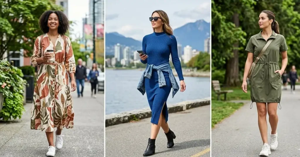 Stylish collection of women wearing popular Canada dress styles in 2026, including casual dresses, maxi dresses, sweater dresses, and elegant formal outfits in a modern outdoor fashion setting.