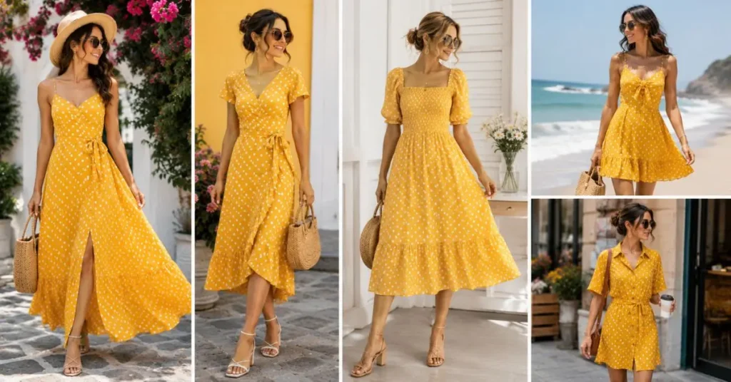 Collection of lightweight summer fabrics, including cotton, linen, and rayon, used in a stylish yellow polka dot dress for breathable warm-weather comfort.