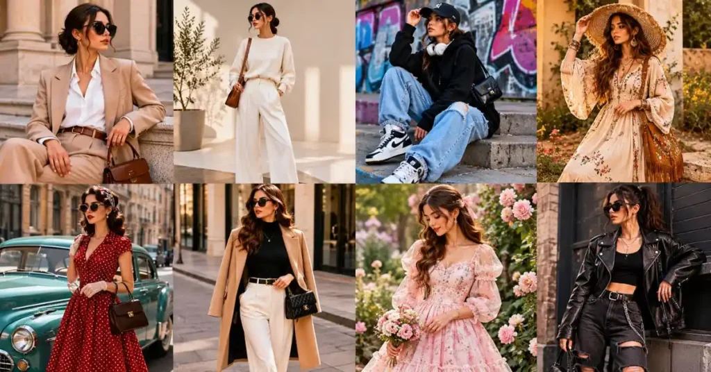 Popular fashion styles including Classic, Minimalist, Streetwear, Bohemian, Vintage, Chic, Romantic, and Edgy styles represented in a clean fashion overview.