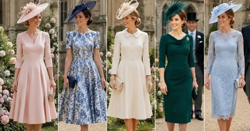 “Elegant and stylish British wedding dresses displayed on models in a refined outdoor garden setting, showcasing popular formal designs with soft colors, lace details, and sophisticated accessories for wedding celebrations.”