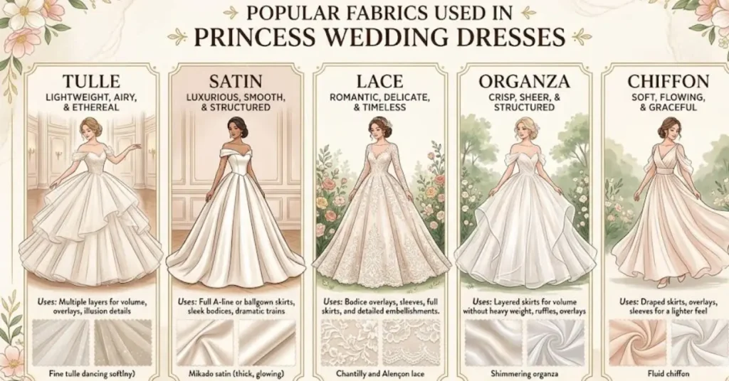 Luxurious bridal fabrics used in princess wedding dresses, including satin, lace, tulle, organza, and Mikado, creating an elegant and royal-inspired wedding look.