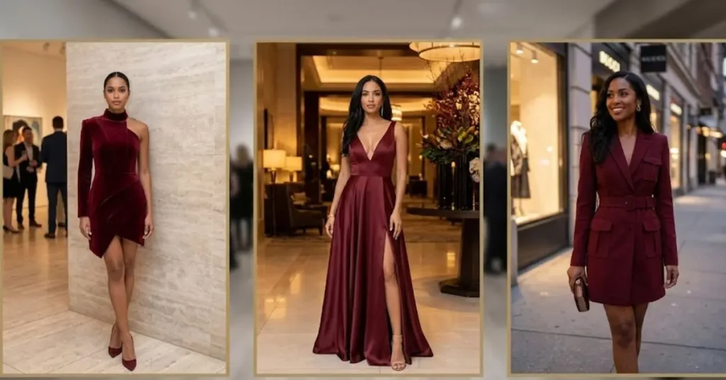 Popular maroon dress styles in 2026 featuring modern designs, elegant silhouettes, and trendy fashion details.