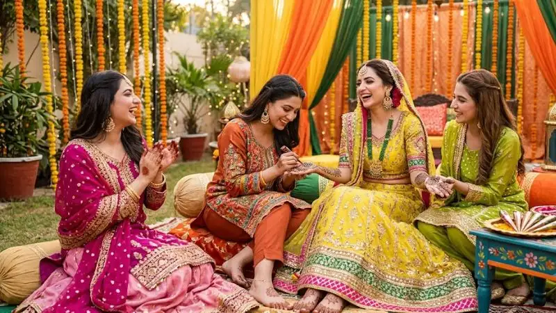 Stylish Mehndi Dresses trends for 2026 featuring traditional lehengas, shararas, ghararas, Anarkali outfits, and modern fusion ensembles with vibrant colors, elegant embroidery, and festive wedding styling.
