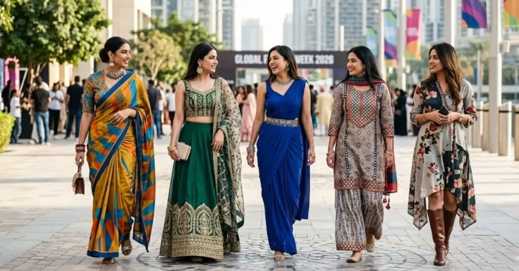 Modern South Asian fashion trends in 2026 featuring contemporary ethnic wear, pastel colors, sustainable fabrics, elegant embroidery, and fusion styles inspired by cultural heritage.