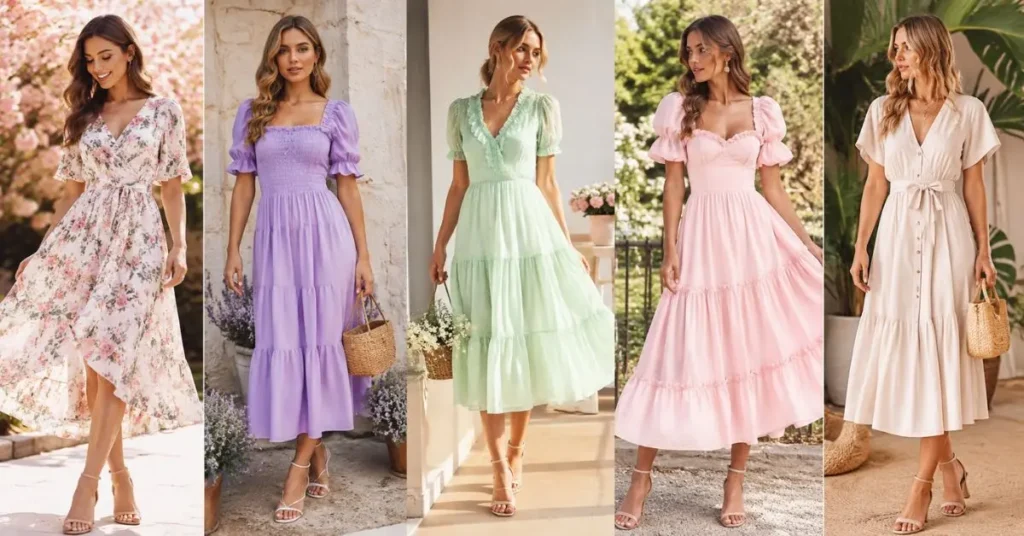 Stylish women wearing popular spring dresses featuring floral prints, pastel colors, and lightweight fabrics, showcasing this year's top spring fashion trends.