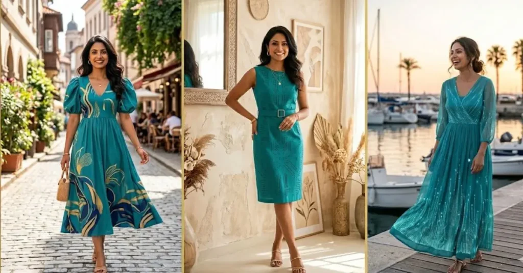 Collection of popular teal dress styles in 2026, featuring elegant maxi gowns, chic midi designs, cocktail outfits, and modern formal fashion looks.