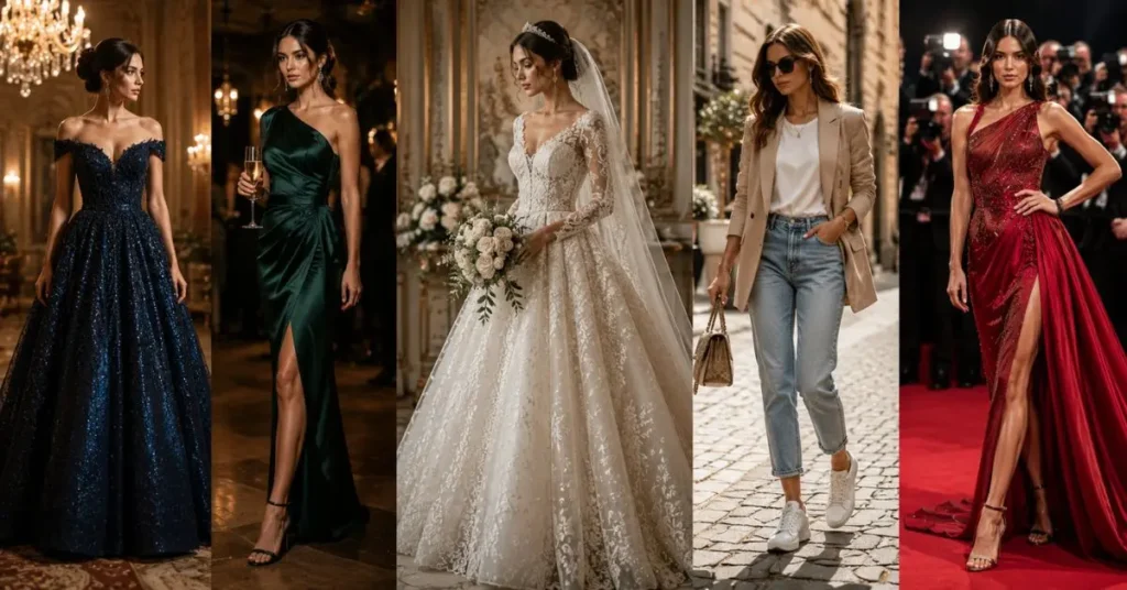 Popular Types of Designer Dresses featuring elegant evening gowns, sophisticated cocktail dresses, luxurious bridal couture, stylish casual designer wear, and glamorous red carpet-inspired fashion for various occasions.