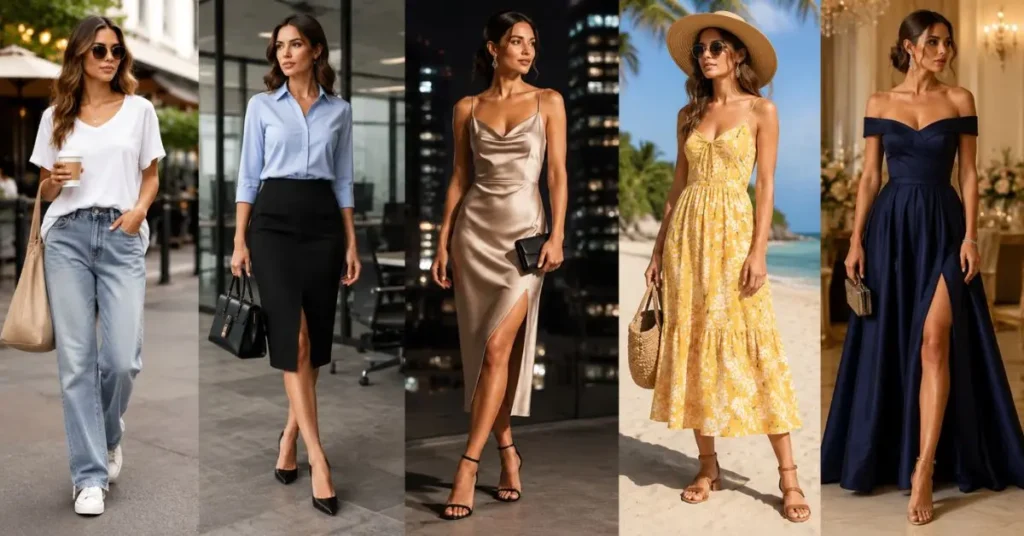 Popular types of modern American fashion dresses including casual, maxi, midi, cocktail, wrap, and formal styles for women