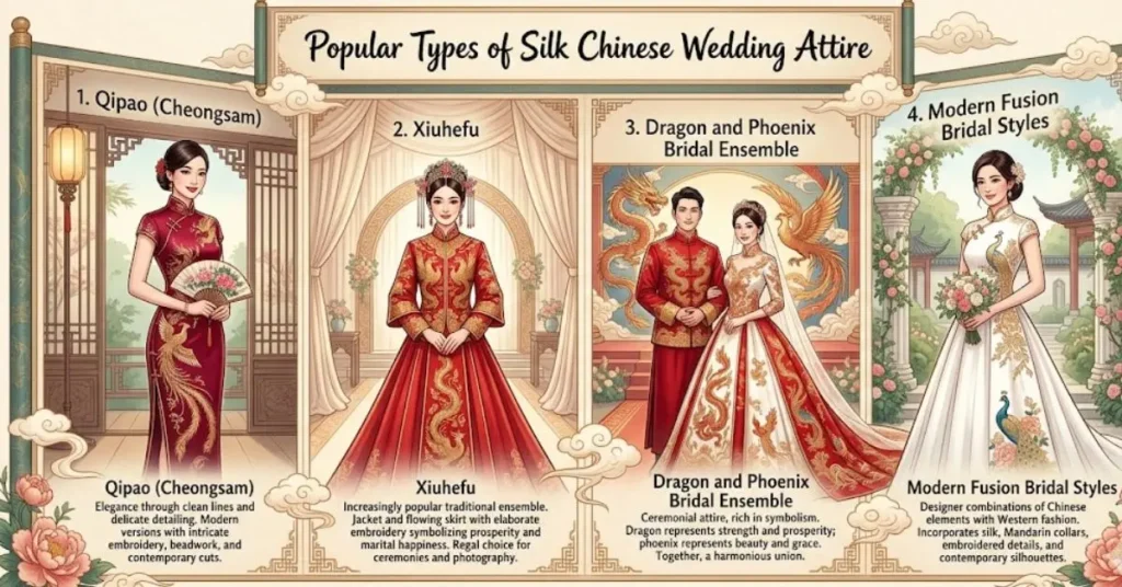 Elegant silk Chinese wedding attire featuring traditional Qipao and Xiuhefu bridal styles with intricate embroidery and graceful modern designs.