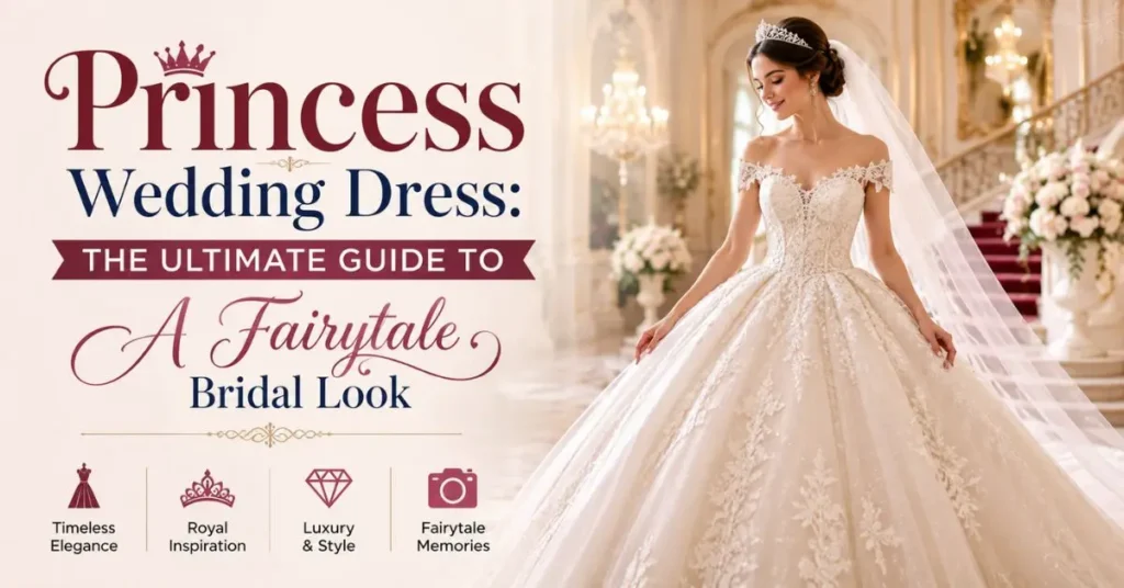Elegant Princess Wedding Dress featuring a luxurious ball gown silhouette, delicate lace details, royal-inspired design, and a fairytale bridal look in a grand wedding setting.