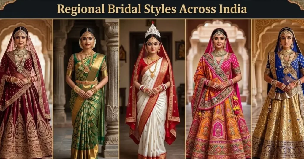 Regional Bridal Styles Across India .A Showcase of Traditional Wedding Outfits from Different Indian Regions Including Lehenga, Saree, and Cultural Bridal Fashion Trends