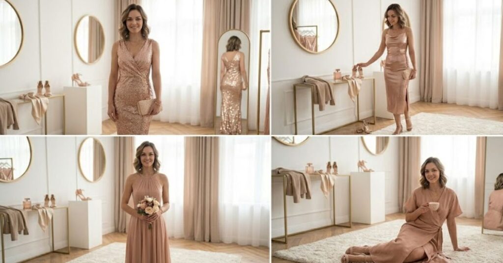 Rose gold dress ideas for different occasions including weddings, parties, formal events, and casual outings with styling inspiration.
