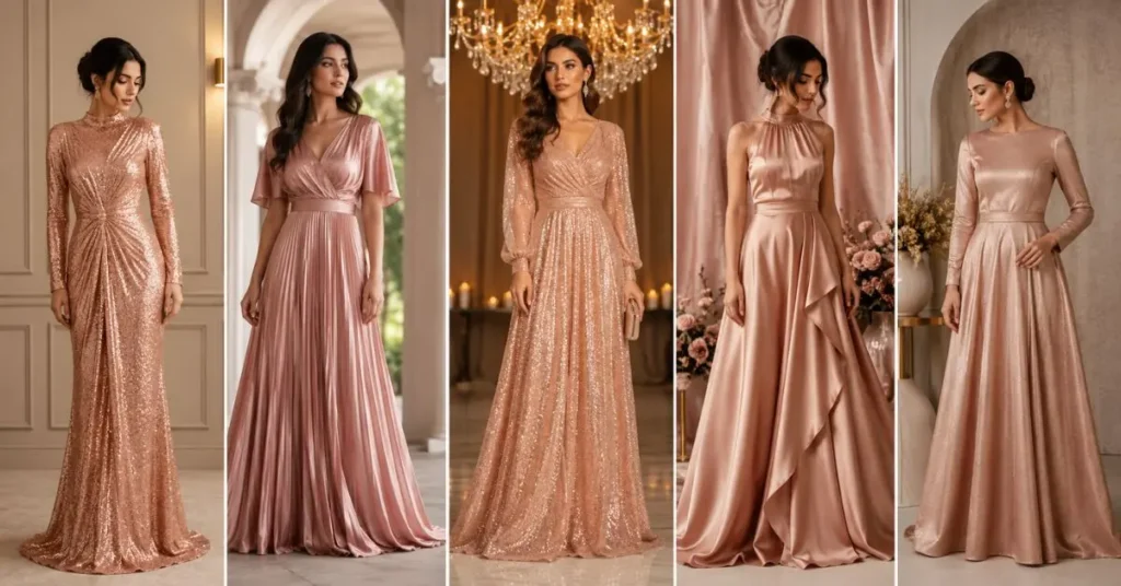 Elegant rose gold dress styled for a modern 2026 fashion look, featuring shimmering fabric, flattering silhouette, and sophisticated design suitable for weddings, parties, formal events, and special occasions.