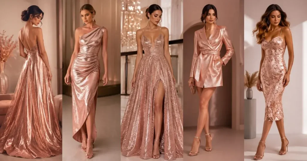 Rose gold dress trends for 2026 showcasing modern elegant fashion styles.
