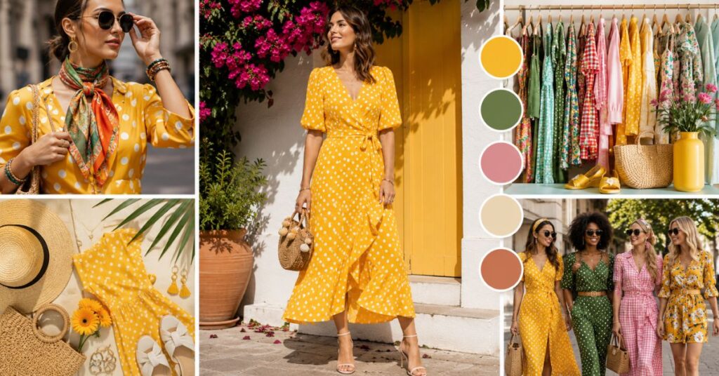 Woman wearing a trendy summer yellow polka dot dress that reflects the latest seasonal fashion trends with bright colors, timeless prints, and lightweight styling.