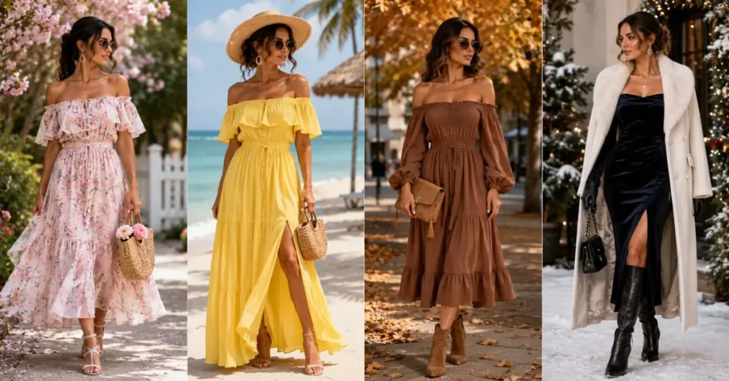 Fashionable woman showcasing seasonal styling tips with layered clothing, trendy accessories, and weather-appropriate outfits for spring, summer, autumn, and winter fashion inspiration.