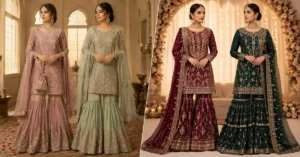 Sharara vs Gharara: Difference & Styling Guide for Every Bride in 2026 featuring a bride wearing a modern sharara beside a traditional gharara outfit.